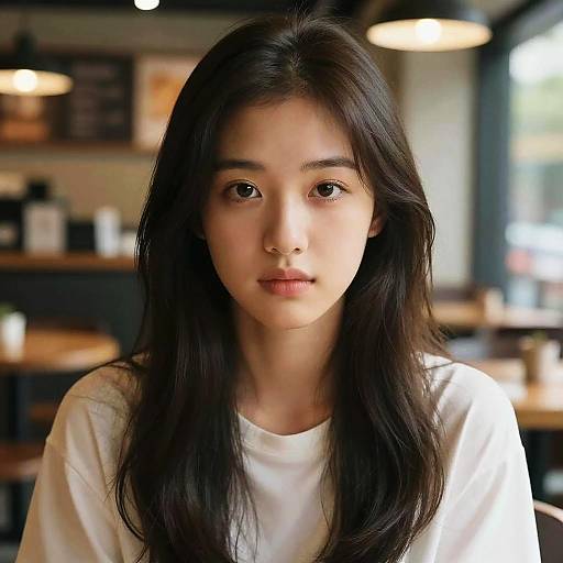 Photograph of a young Asian woman with long, straight black hair, wearing a white shirt, in a softly lit, blurred café.