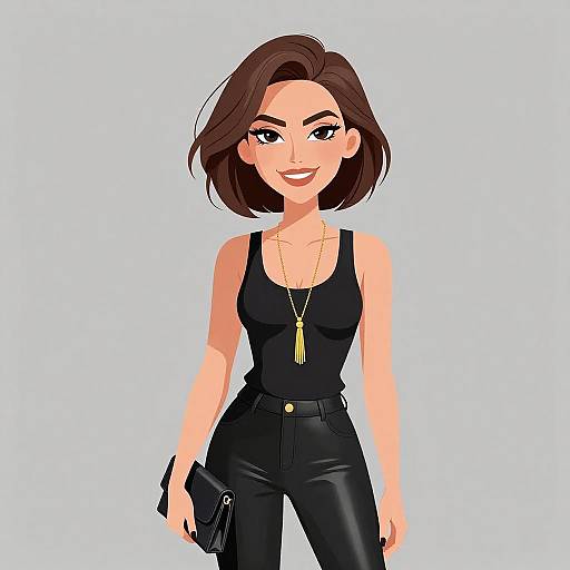 Digital illustration of a smiling woman with short brown hair, wearing a black tank top, high-waisted black leather pants, gold necklace, and holding