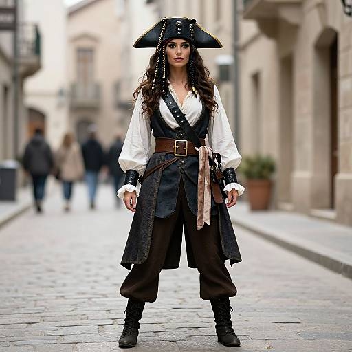 Photograph of a woman in a pirate costume, black tricorn hat, white shirt, black vest, brown pants, standing on a cobblestone