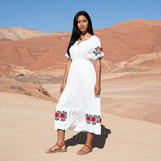 Photograph of a young Asian woman with long black hair, wearing a white dress with red and black floral embroidery, standing in a sunny desert with red