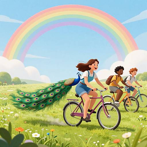 Digital illustration of three children riding bicycles through a vibrant green field with a rainbow in the bright blue sky. Girl with peacock tail backpack leads, two
