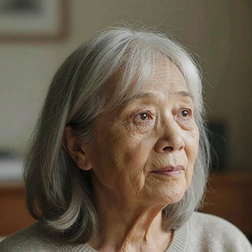 Photograph of an elderly Asian woman with silver hair, wrinkled skin, and gentle smile, wearing a gray sweater, softly lit indoors.