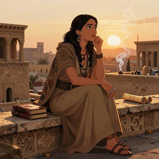 Digital illustration of a brown-skinned woman with long black hair, wearing a brown dress and jewelry, smoking a cigarette on a rooftop at sunset, with