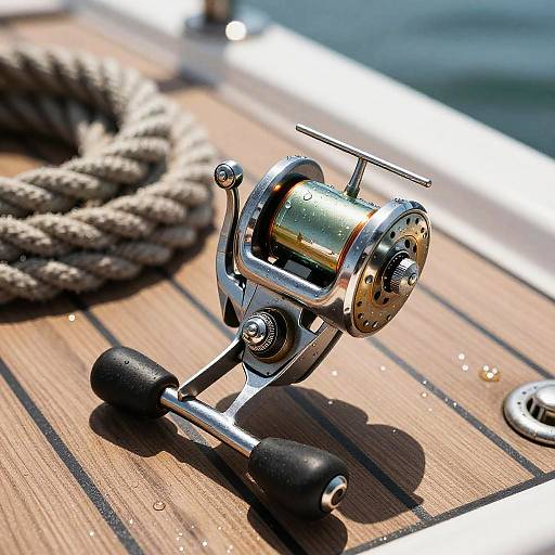 Vintage Fishing Reel on Boat Deck