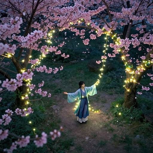 Photograph of a person in a white kimono and blue hakama, standing under pink cherry blossoms, holding glowing string lights.