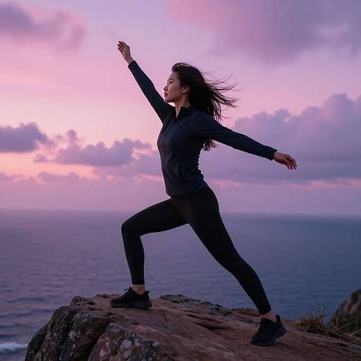 Photograph of a woman in a black jacket and pants, with long dark hair, dancing on a rocky cliff at sunset, arms raised, ocean and