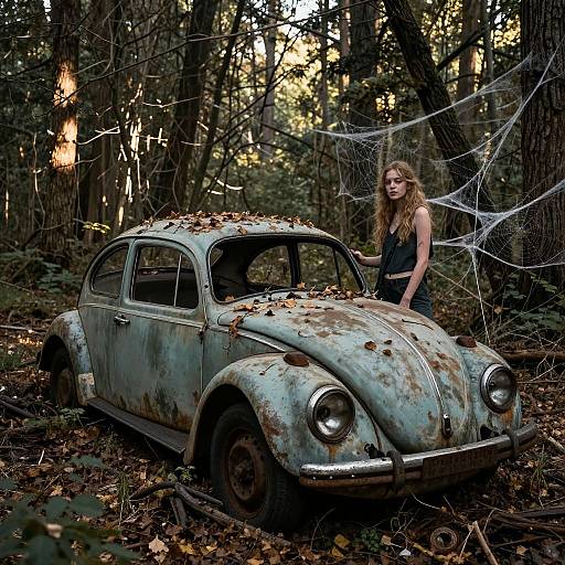 Photograph of a rusted, vintage Volkswagen Beetle in a forest with fallen leaves, web-covered, and a young woman with long blonde hair in a