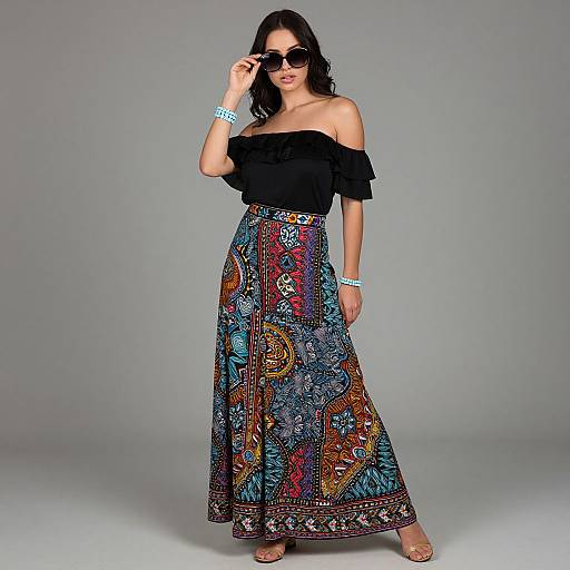 Photograph of a stylish woman with long black hair, wearing black off-shoulder top, colorful patterned maxi skirt, sunglasses, and blue bracelets