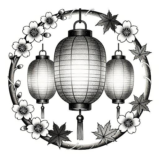 Monochrome Mezzotint Lanterns & Leaves