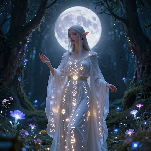 Digital fantasy artwork: Elven woman with long silver hair, glowing runes on white robe, stands in enchanted forest under full moon, surrounded by glowing flowers