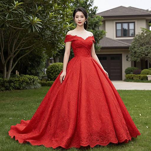 Photograph of a fair-skinned woman with dark hair in an off-shoulder, red lace ball gown, standing on lush green lawn in front