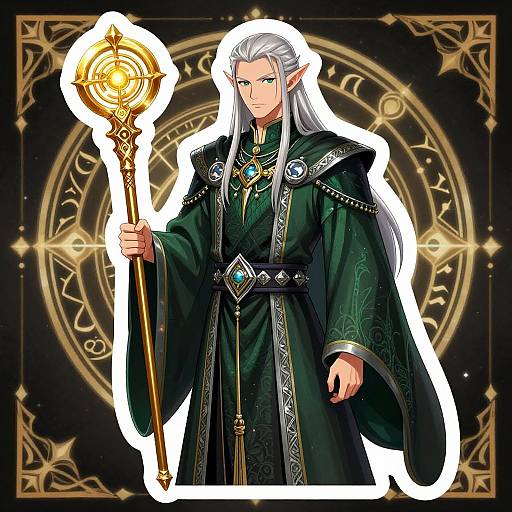 Digital anime-style drawing of an elven sorcerer with long white hair, green eyes, and pointed ears, wearing a dark green robe with gold accents