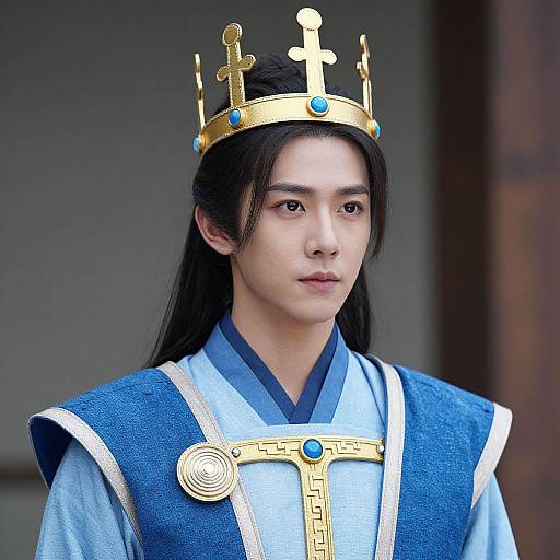 Photograph of an Asian man with long black hair, wearing a gold crown with blue gems, a blue and white robe, and a blue gemmed