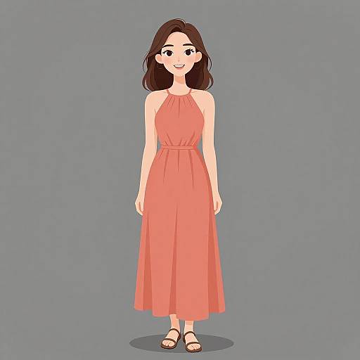 Digital illustration of a smiling woman with fair skin and dark brown hair, wearing a sleeveless, coral-colored, halter-neck dress and brown sandals,