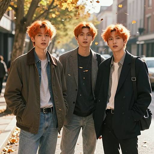 Photograph of three Asian men with red, spiky hair, wearing casual jackets and jeans, standing on a sunlit, autumnal street.