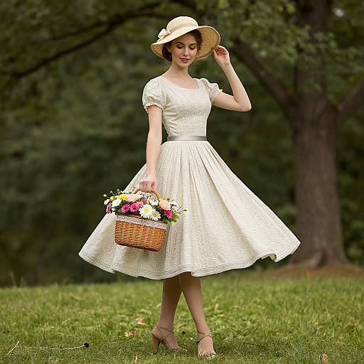 Photograph of a young woman in a white, short-sleeve, vintage-style dress, holding a wicker basket with flowers, wearing a straw