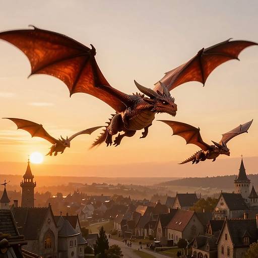Photograph of two red, winged dragons soaring over a quaint, medieval village at sunset, with warm orange and yellow sky.