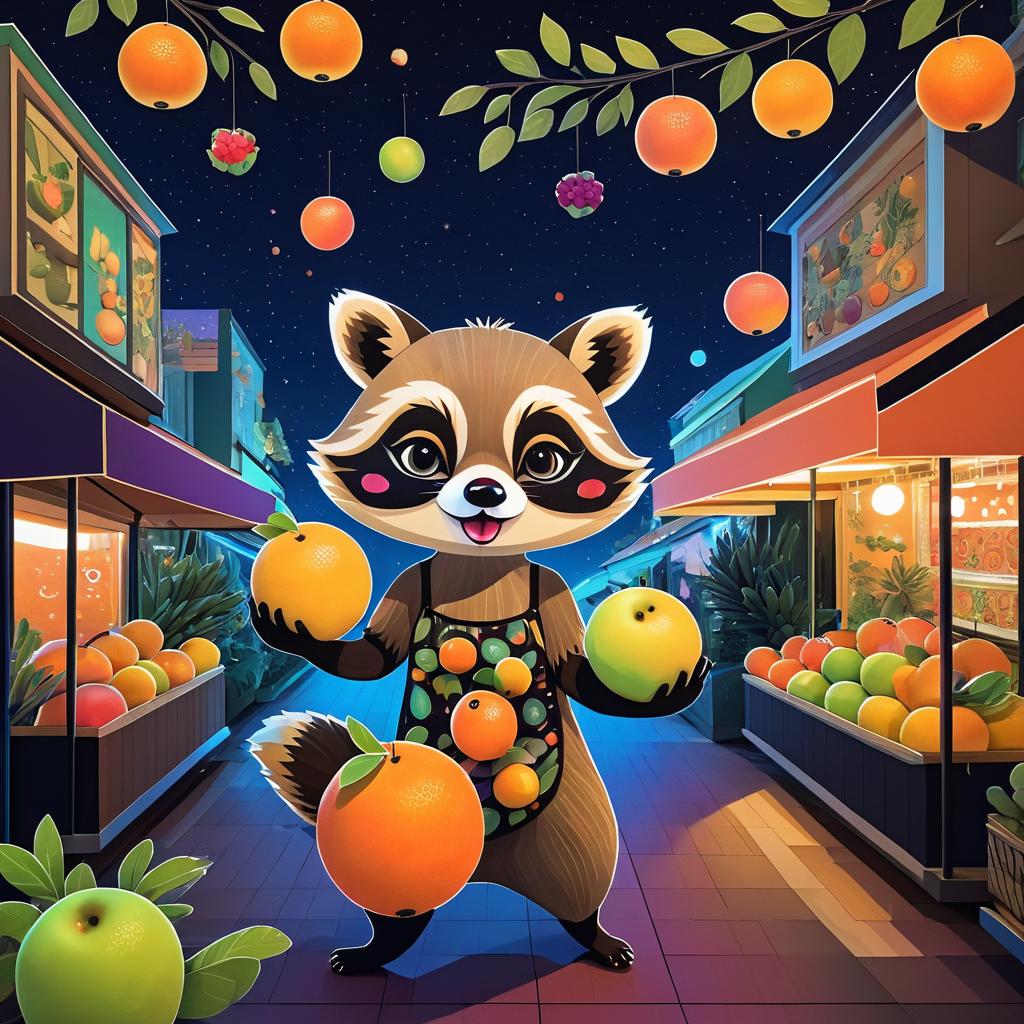 Whimsical Raccoon Juggling at Night Market