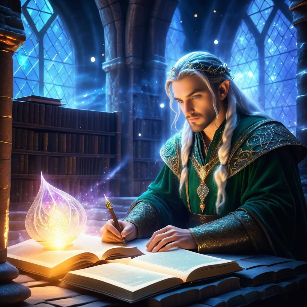 Elven Scholar in Enchanted Library