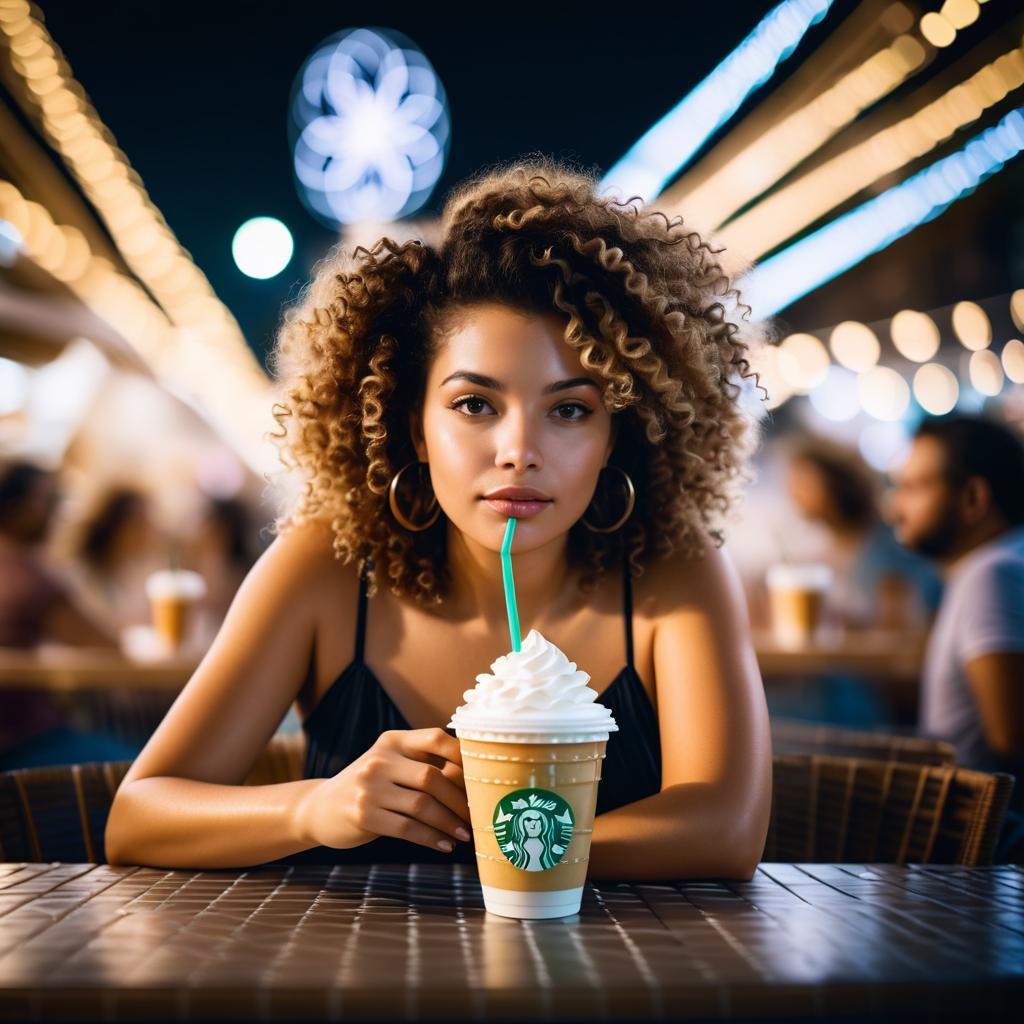 Elegant Night Market Portrait with Frappuccino