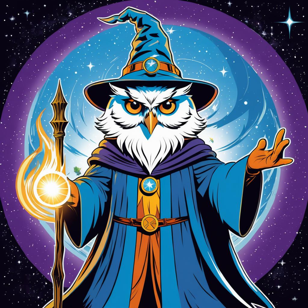 Wise Owl Wizard in Retro Comic Adventure