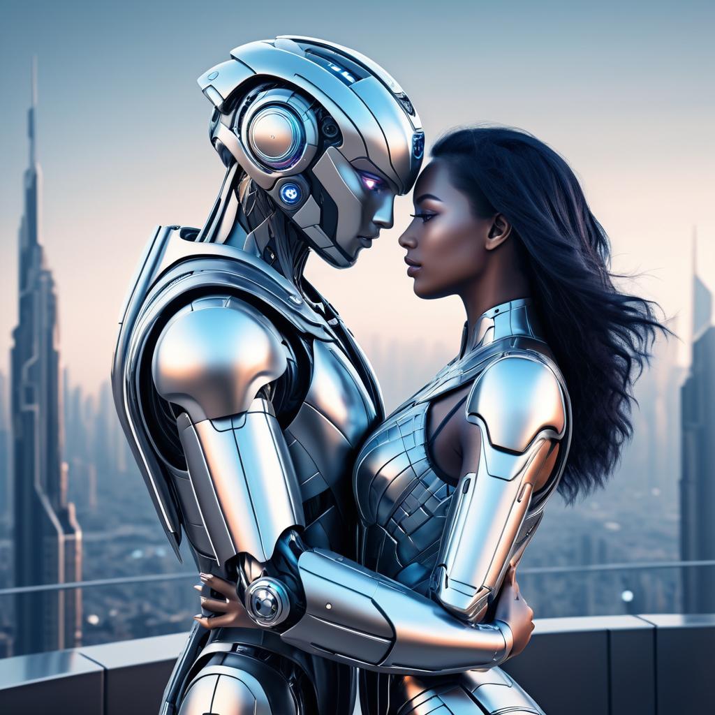 Futuristic Robot Embracing a Woman