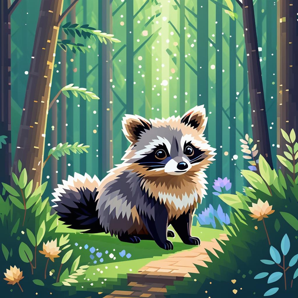 Serene Pixel Art Raccoon in Forest