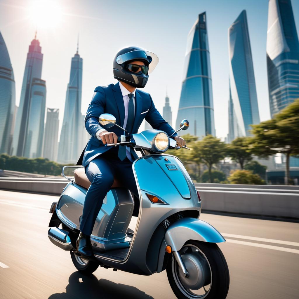 Futuristic Business Rider on Classic Moped