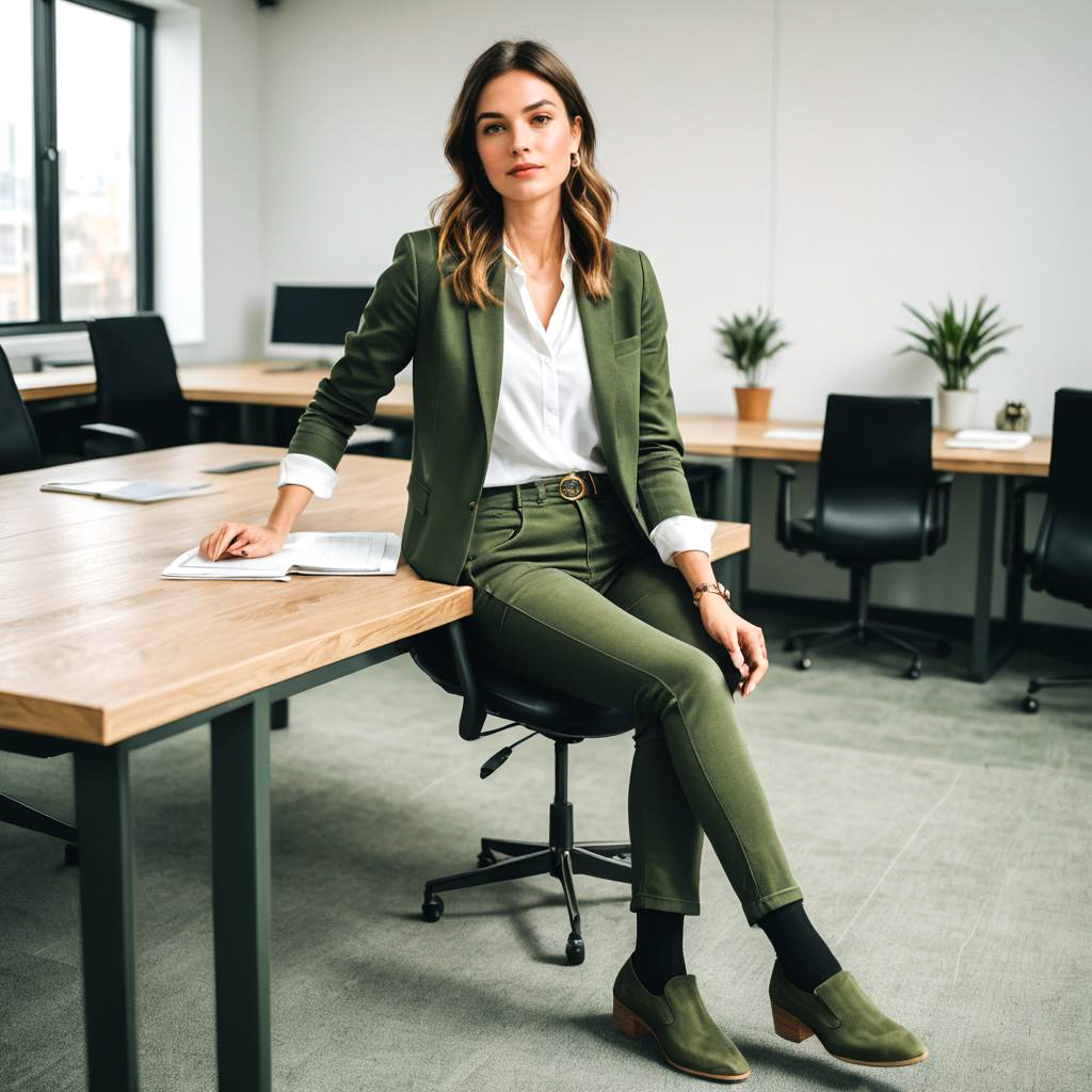 Office Worker in Olive Green Patchwork Jeans