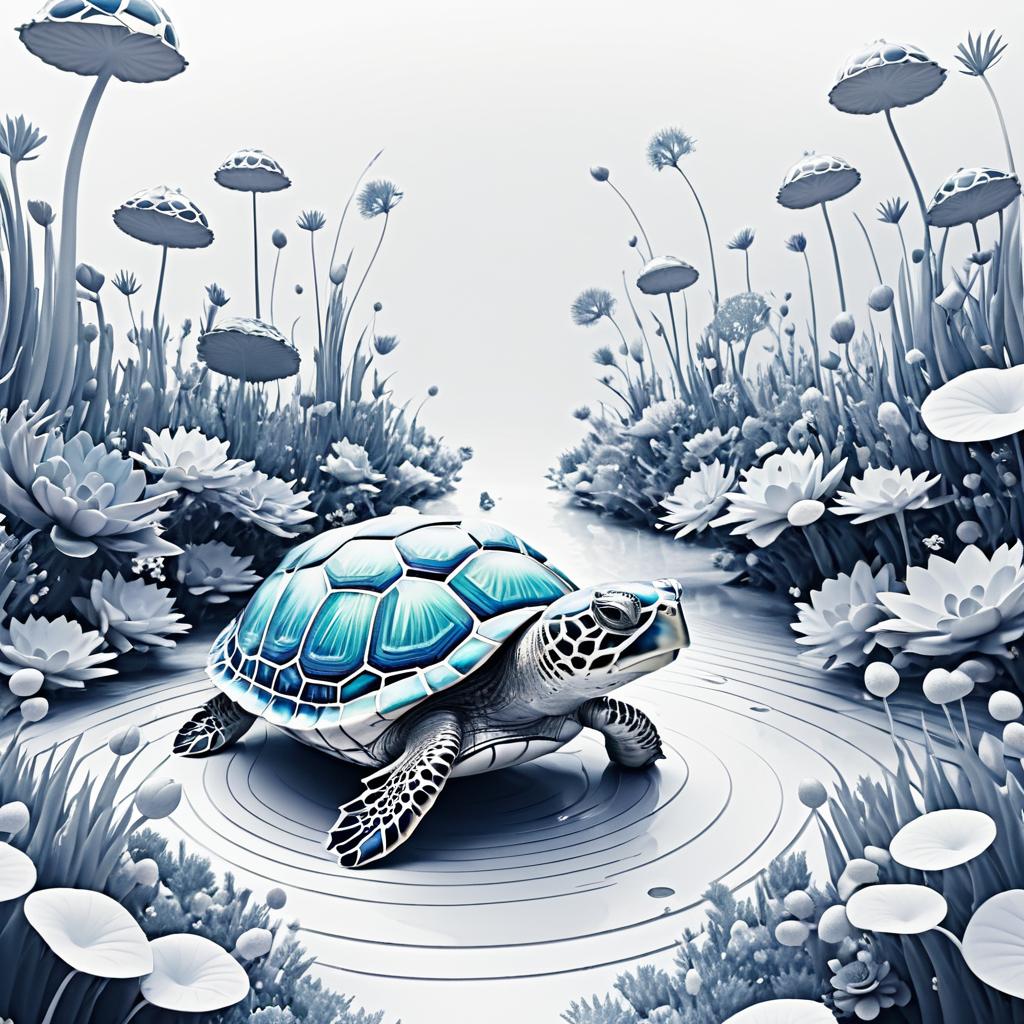 Surreal Turtle Line Art in Dreamlike Landscape