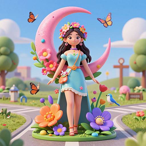 Digital artwork of a cute, anime-style girl with long black hair, wearing a blue dress, flower crown, and butterfly necklace, standing on a path