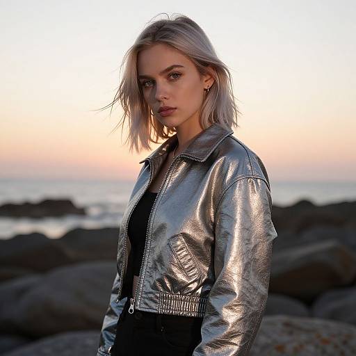 Photograph of a blonde woman with pale skin, wearing a silver metallic jacket, standing by a rocky beach at sunset.