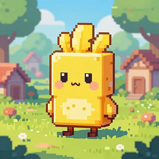 Pixel art of a cute, yellow, block-shaped character with a flame-like top, standing in a sunny, grassy village with trees and houses.
