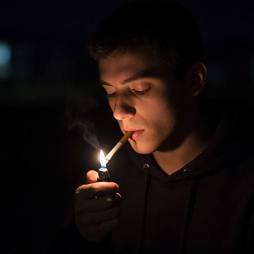 Photograph of a young man with short dark hair, wearing a black hoodie, lighting a cigarette with a small flame in a dark, shadowy background