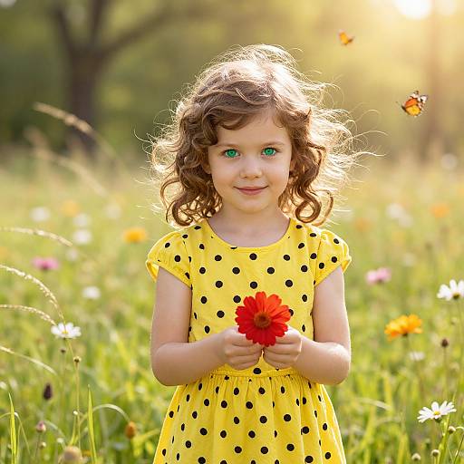 Photograph of a curly-haired, green-eyed young girl in a yellow polka-dot dress holding a red flower, standing in a sunlit meadow