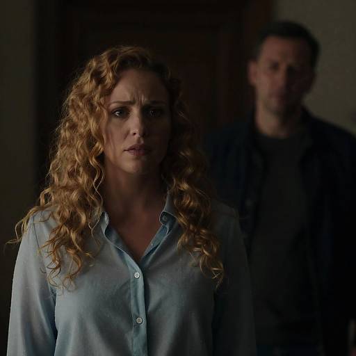 Concerned Woman in Light Blue Shirt with Man in Shadow