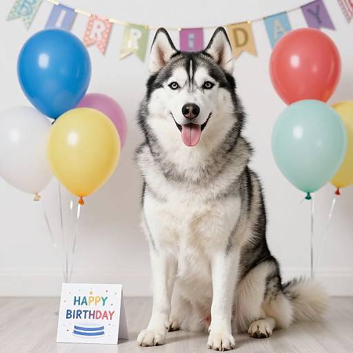 Husky Celebrating Birthday with Balloons