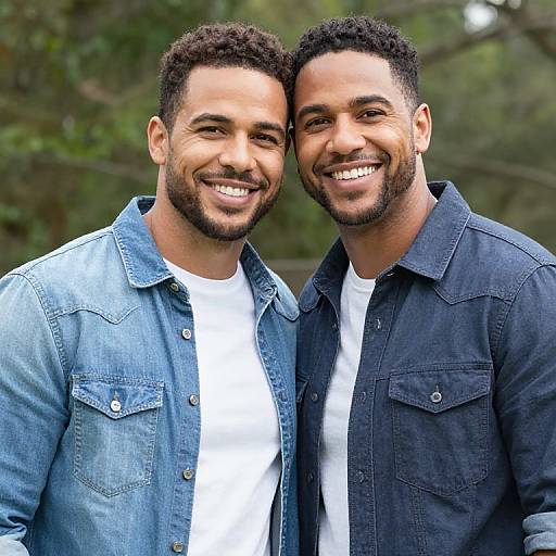 Photograph of two smiling, bearded men with curly hair, wearing denim and dark blue shirts, standing close together outdoors.