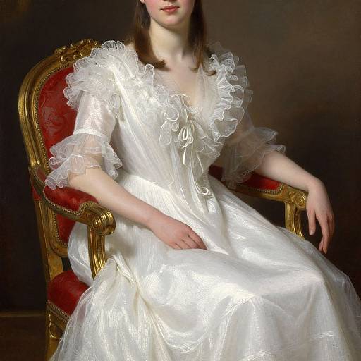 Photograph of a pale-skinned woman with brown hair, wearing a white, ruffled, Victorian-style dress, seated on a red and gold orn