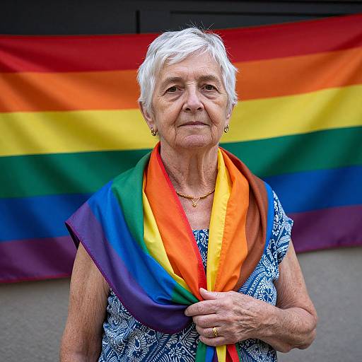 Photograph of an elderly white woman with short white hair, wearing a blue patterned shirt and a rainbow scarf, standing in front of a large rainbow