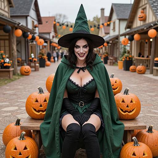 Photograph of a pale, dark-haired woman in a green witch outfit, large hat, black corset, and boots, sitting on a wooden bench