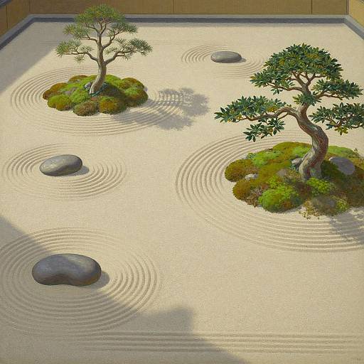 Photograph of a serene Japanese Zen garden with two trees, three rocks, and raked sand, creating circular patterns in sunlight.