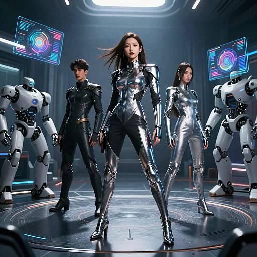 Digital CGI image of three women and one man in shiny, futuristic black and silver bodysuits, standing confidently on a circular platform in a high-tech