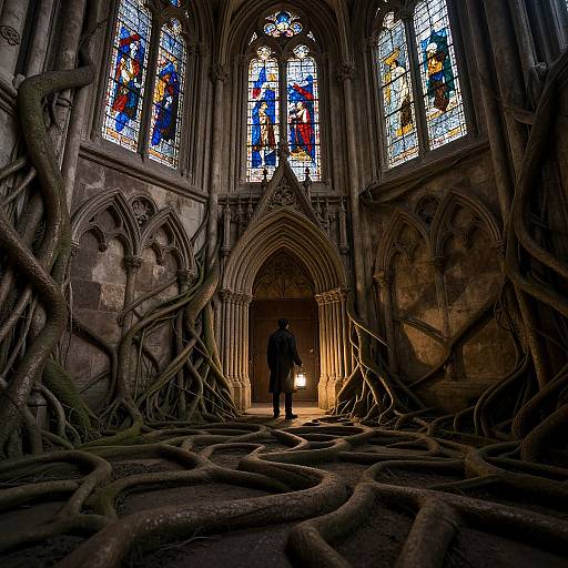 Photograph of a person standing in a dark, Gothic cathedral with intricate stained glass windows, surrounded by massive, entwining tree roots.