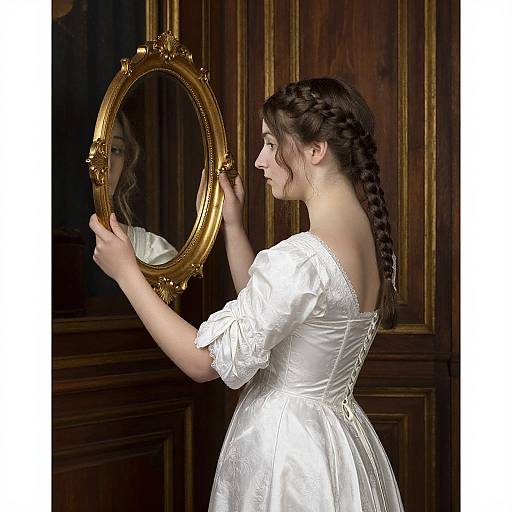 Photograph of a young woman with braided dark hair, wearing a white, lace-trimmed dress, adjusting a gold-framed mirror in a