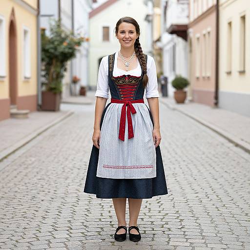 Photograph of a smiling woman in a traditional German dirndl with black corset, white blouse, red apron, black skirt, and black shoes