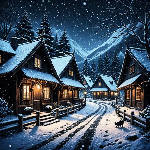 Snowy Enchanted Village at Night