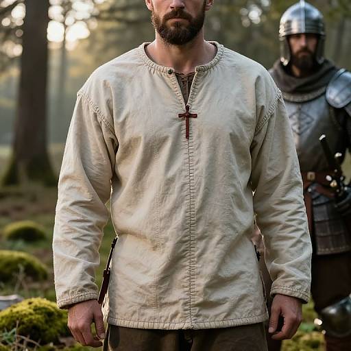 Photograph of a bearded man in a cream medieval tunic with a red cross, standing in a forest, with a armored knight in background.