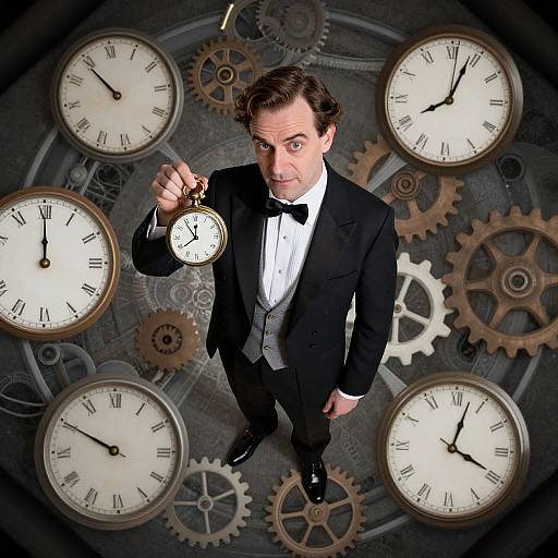 Photograph of a man in a black tuxedo holding a pocket watch, surrounded by large, antique clock faces and gear mechanisms.