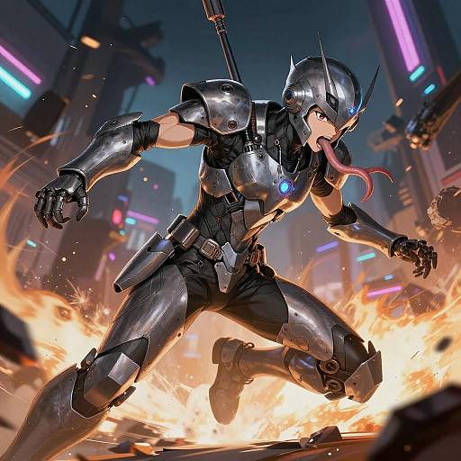 Digital anime-style illustration of a muscular, armored female warrior with a glowing blue chest piece, black helmet, and extended red tongue, leaping through a